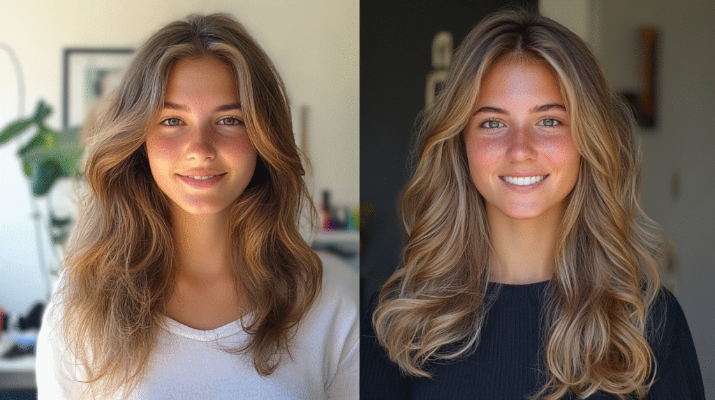 A 19 year old with long 2a wavy hair, Styled 2A hair with products.