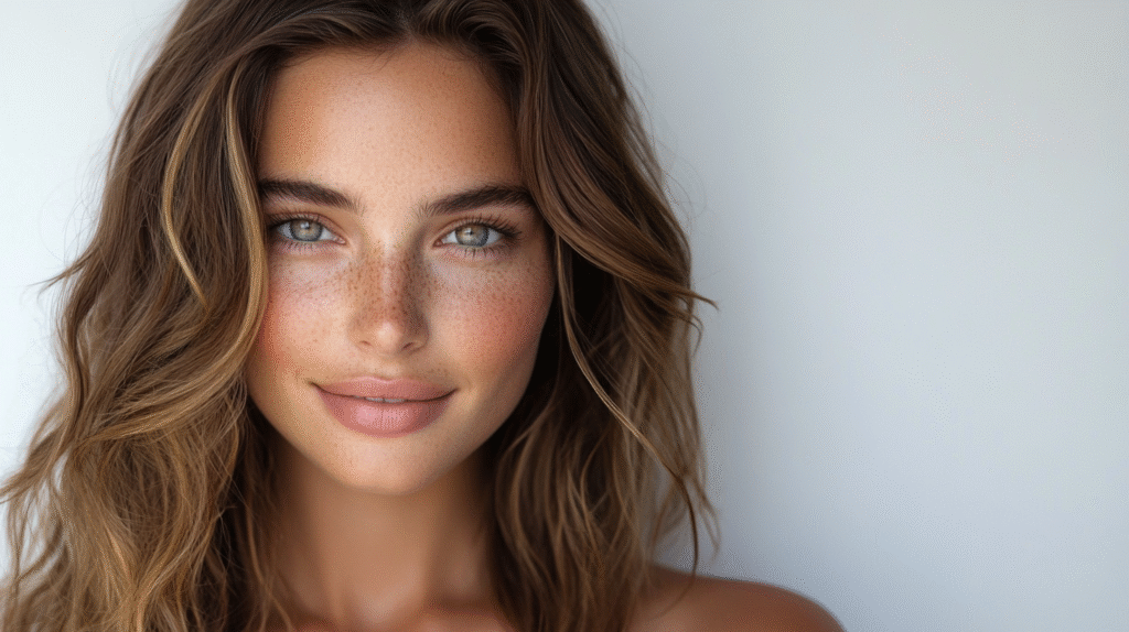 Woman with beautiful #Type2ALooseWaves , with glowing skin, beautiful 22 year old woman smiling at the camera, extreme details on the face and skin, soft white background, shot with Arri Alexa mini LF, magazine cover