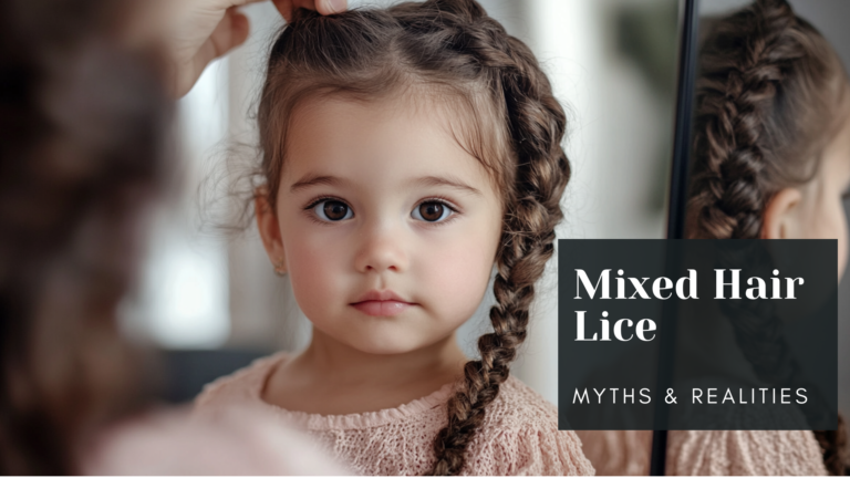 Latin little girl getting her hair French braided looking into the mirror.