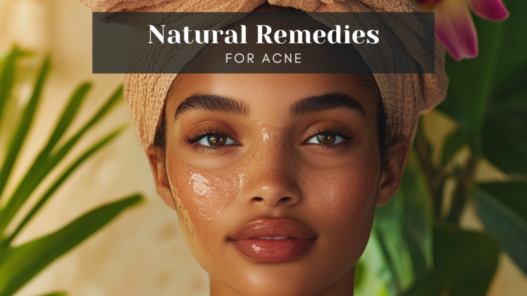 Natural ingredients for acne treatment on a wooden surface.