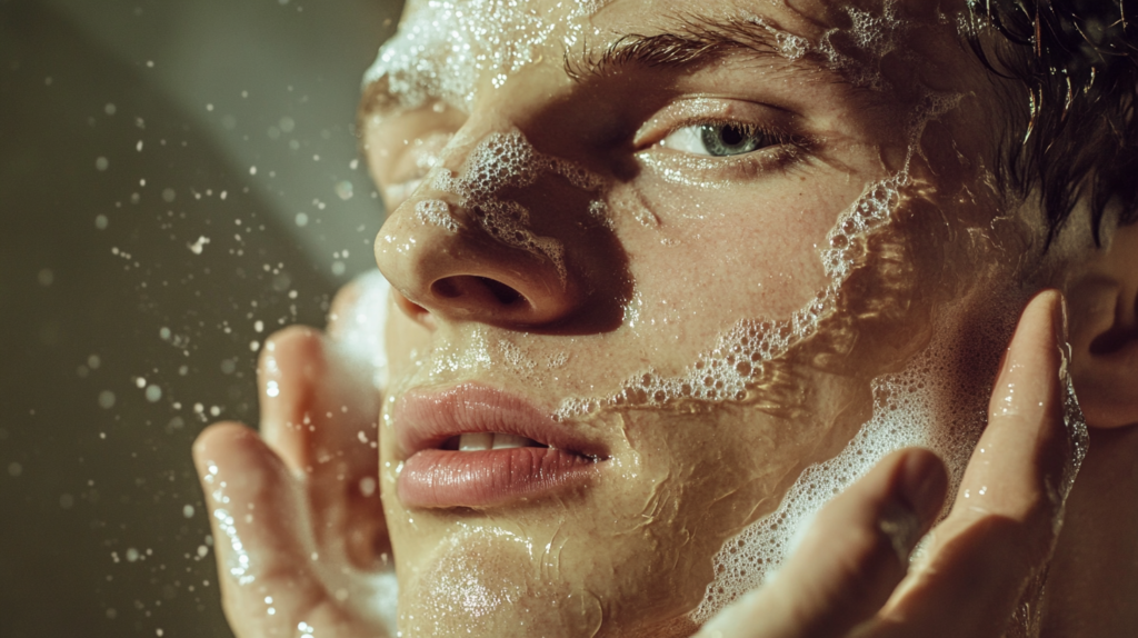 Man washing his face after shaving