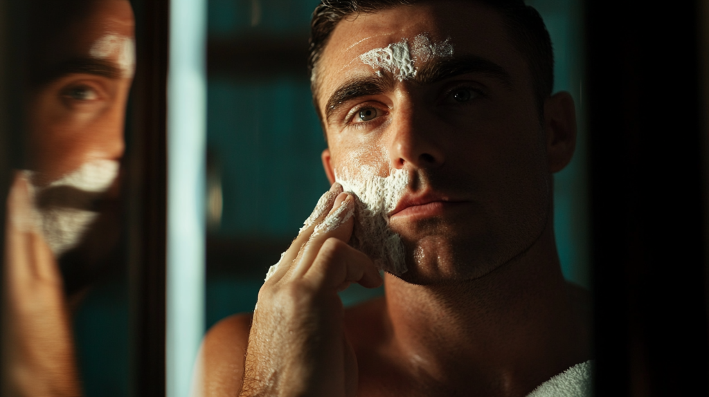 Man looking into the mirror shaving