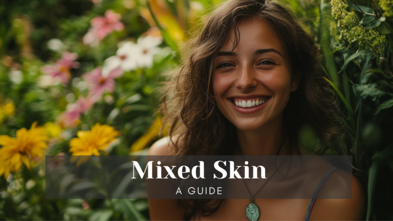 A model in a garden with mixed skin