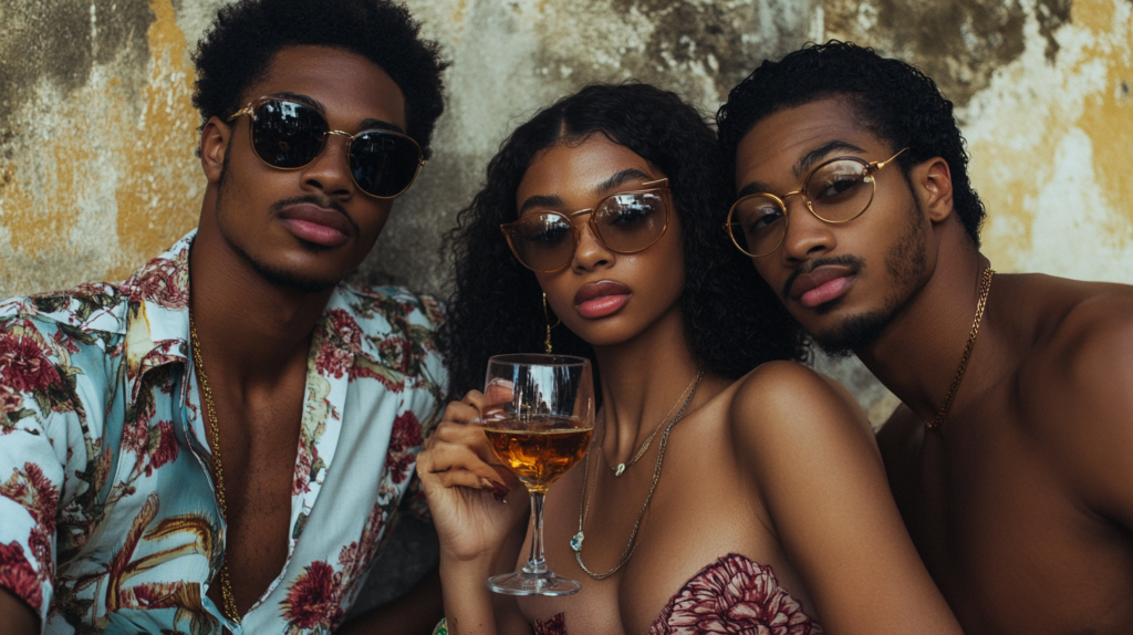 A group of 3 light skin african american with curly hair sitting down and having a soft smile looking at the camera