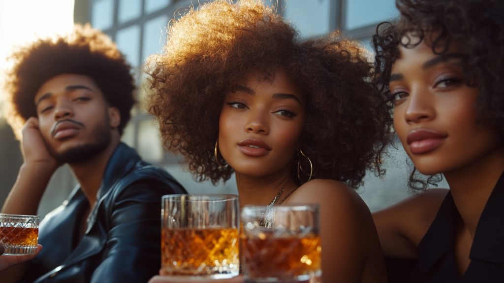 A group of 3 light skin african american with curly hair sitting down and having a soft smile looking at the camera