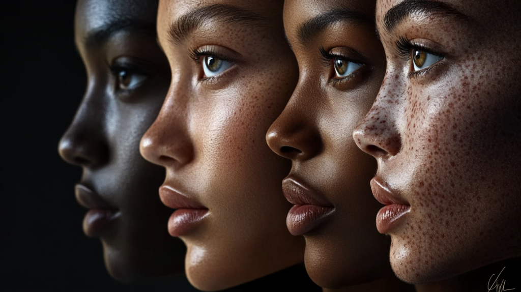 Diverse faces showcasing different mixed skin complexions.