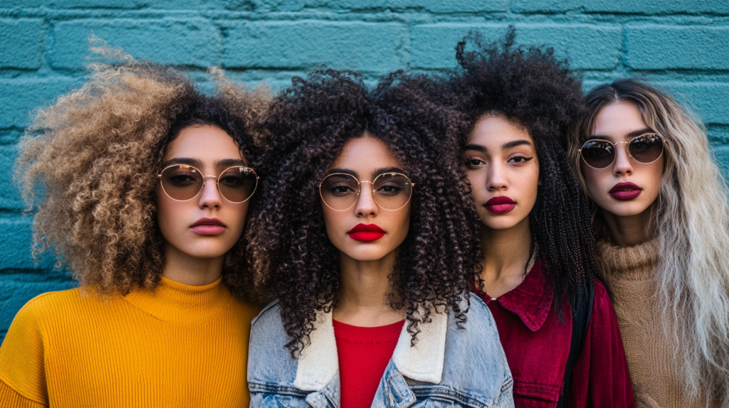 Group of people with mixed-race hairstyles outdoors.