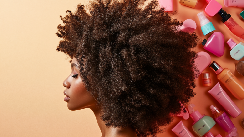 Mixed-race person with textured hair and hair products.