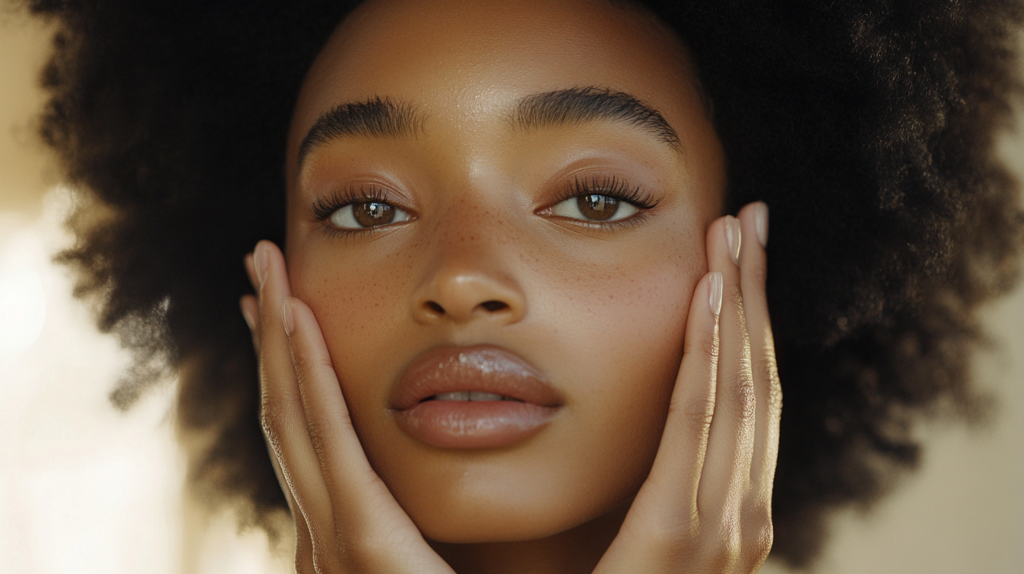 woman with curly hair touching her face