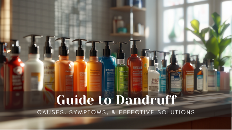 bathroom counter full of dandruff shampoos