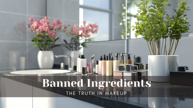 Luxurious bathroom counter top with makeup of different colors. contrasting with the counter without banned ingredients