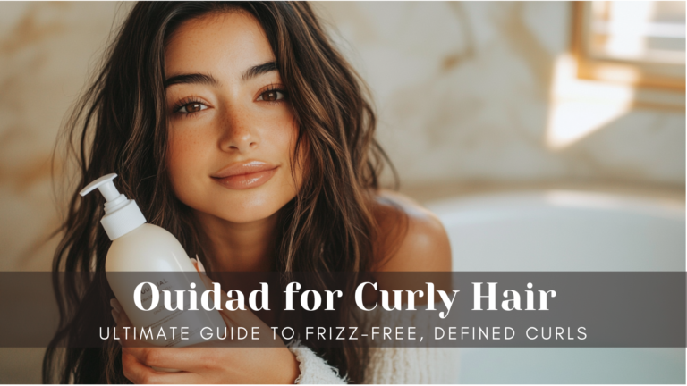 a woman with long hair holding a ouidad shampoo bottle