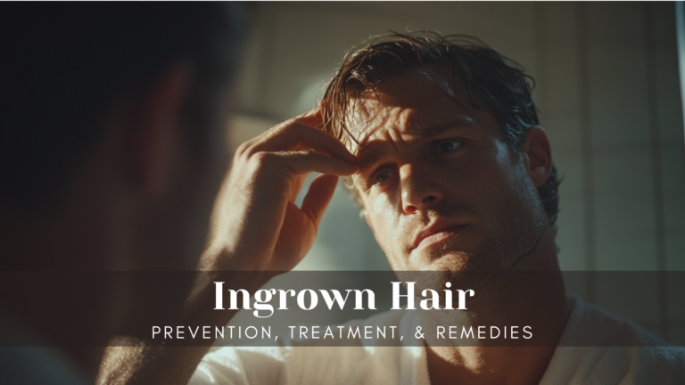 Man looking in the mirror at an ingrown hair.