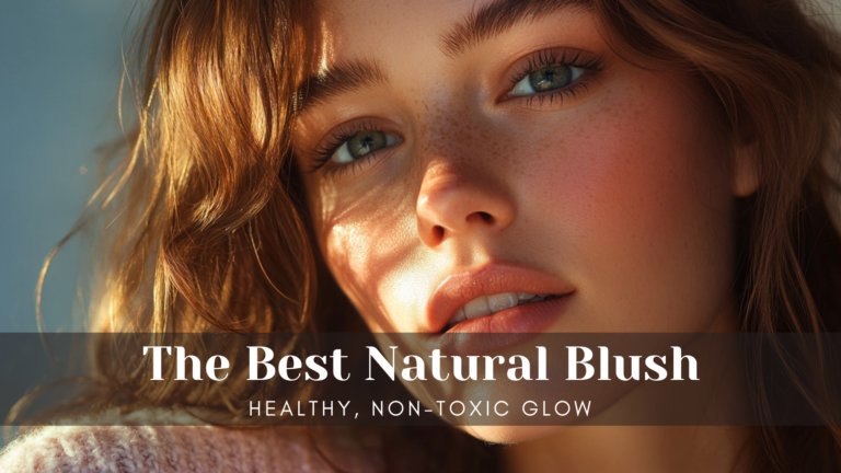 A woman with radiant, natural-looking makeup wearing a soft pink, non-toxic blush, highlighting her healthy, glowing skin.
