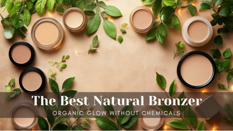 Natural bronzer products with greenery and soft lighting.
