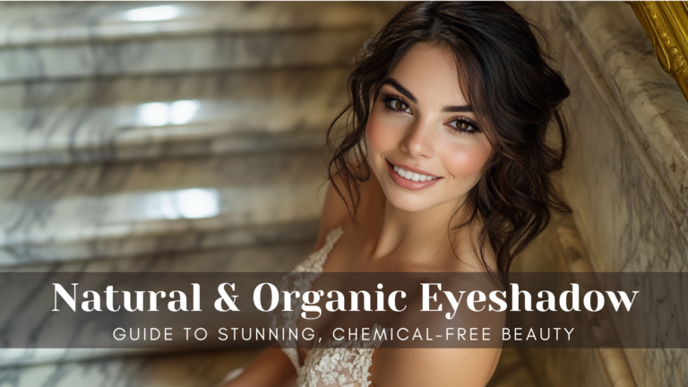 Smiling woman wearing natural and organic eyeshadow in soft, neutral shades, showcasing a radiant, chemical-free makeup look.