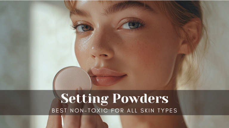 A model Woman applying non-toxic setting powder for a natural, flawless finish.