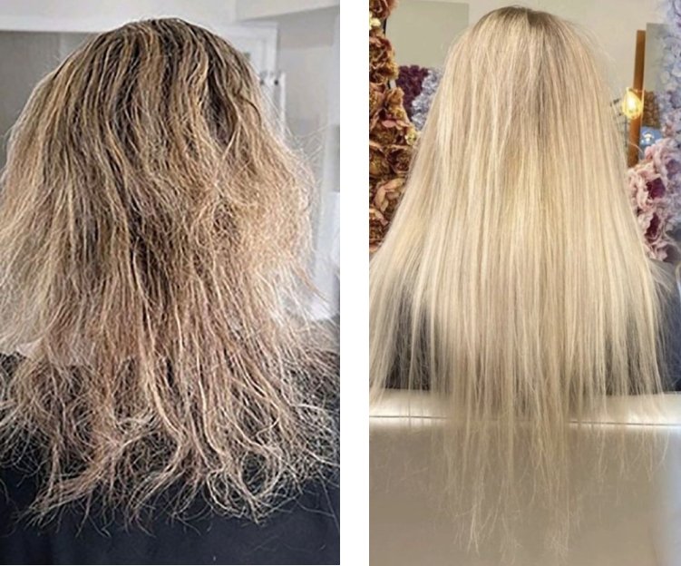 Before and after: Close-up of healthy, shiny hair with no visible breakage.