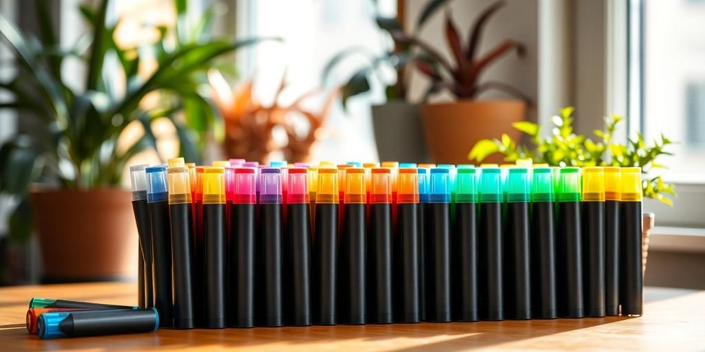 Colorful organic highlighters on a desk with plants.