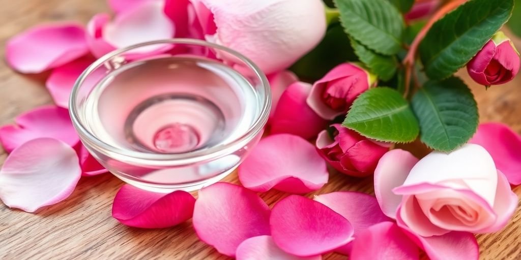 Rose petals and rose water in a bowl.