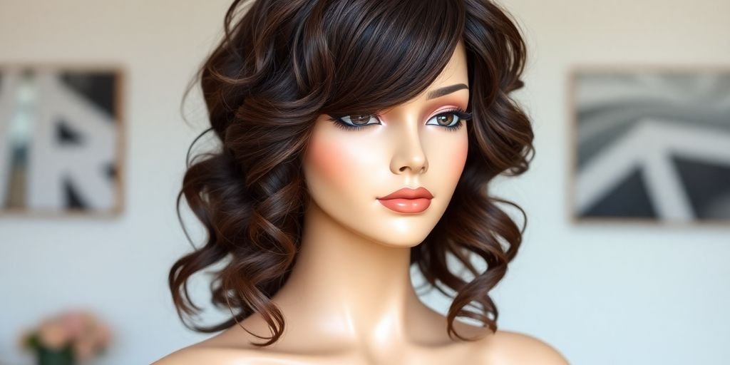 Natural hair wig with curls on a mannequin.