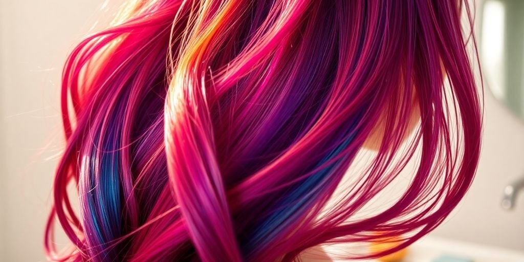 Shiny, colorful hair in a bright, serene bathroom setting.