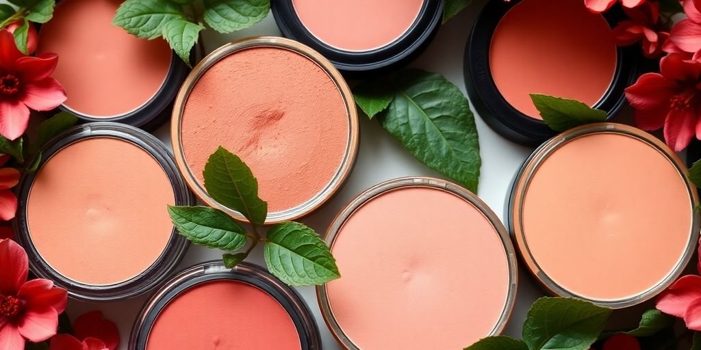 Natural blush products in soft, earthy tones with greenery.