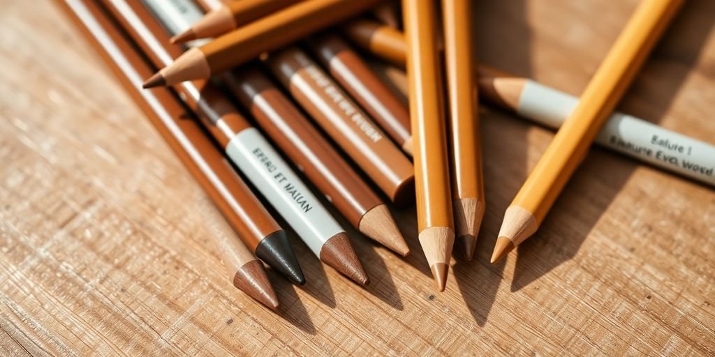 Organic eyebrow pencils in natural colors on wood.