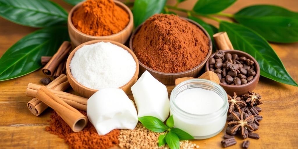 Natural ingredients for DIY bronzer on a wooden table.
