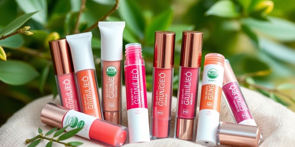 Colorful organic lip gloss tubes on a natural backdrop.