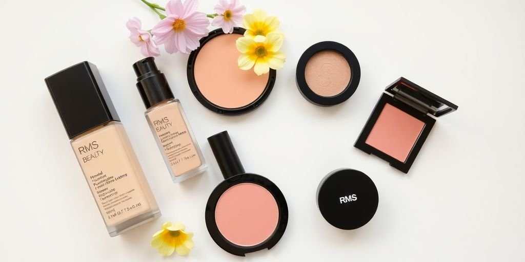 Flat lay of RMS Beauty natural makeup products.