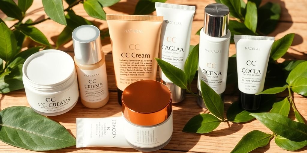 Variety of organic CC creams on a wooden surface.