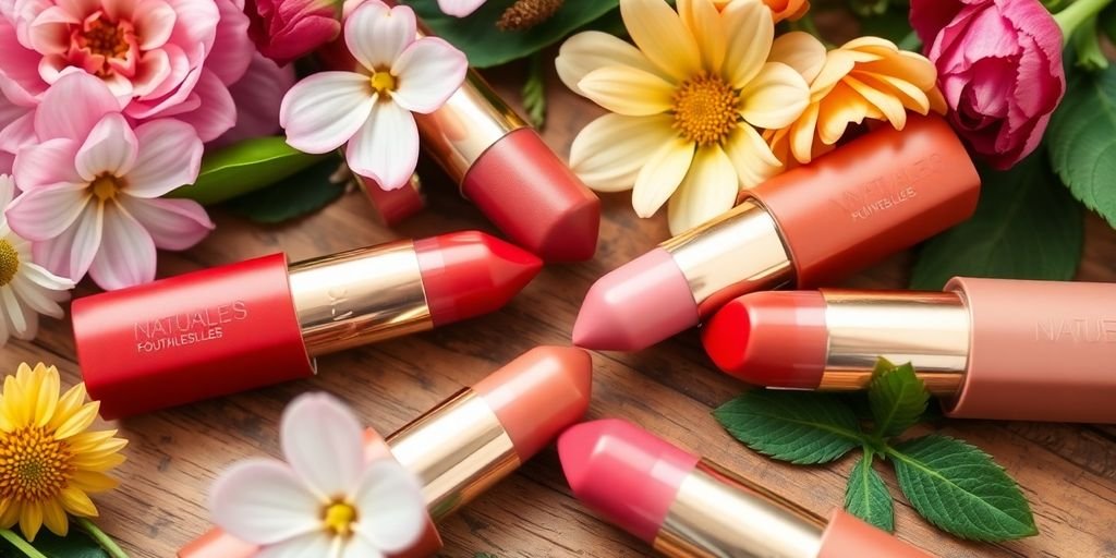 Natural lipsticks in various shades with flowers and leaves.