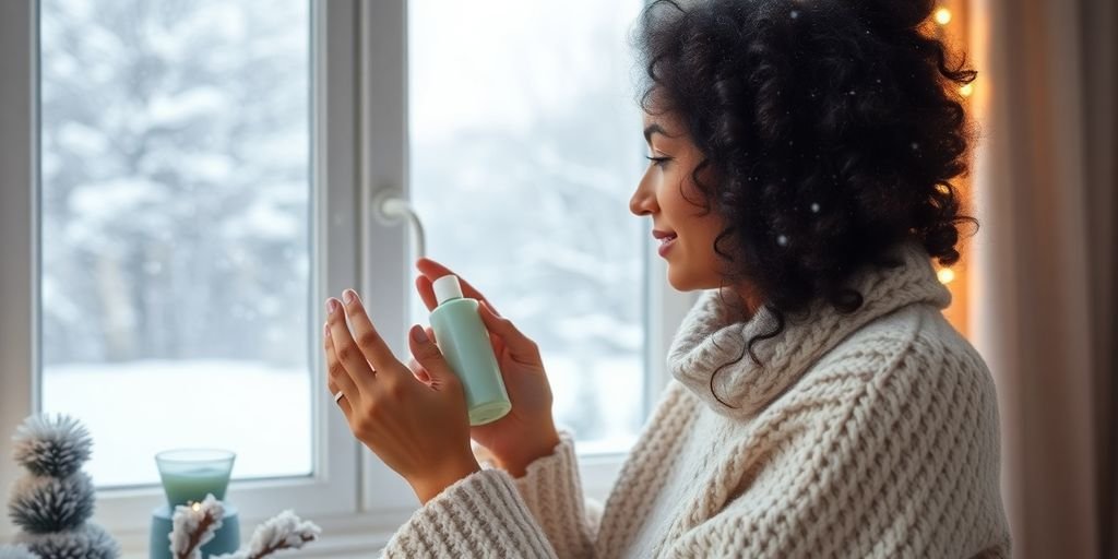 Woman moisturizing low porosity hair in winter setting.