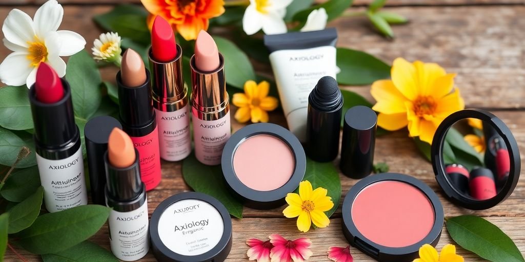 Axiology natural makeup products on wooden surface with leaves.