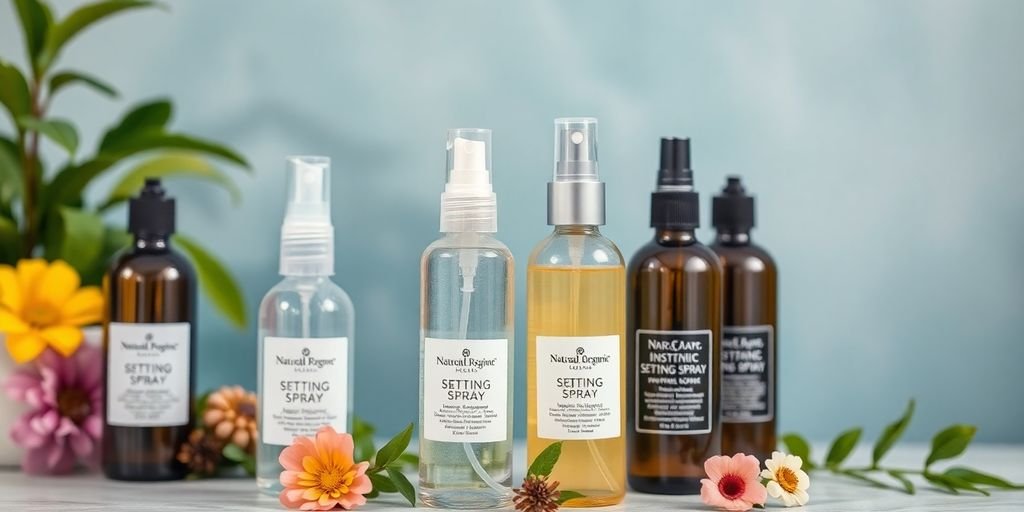 Natural and organic setting sprays in elegant bottles.
