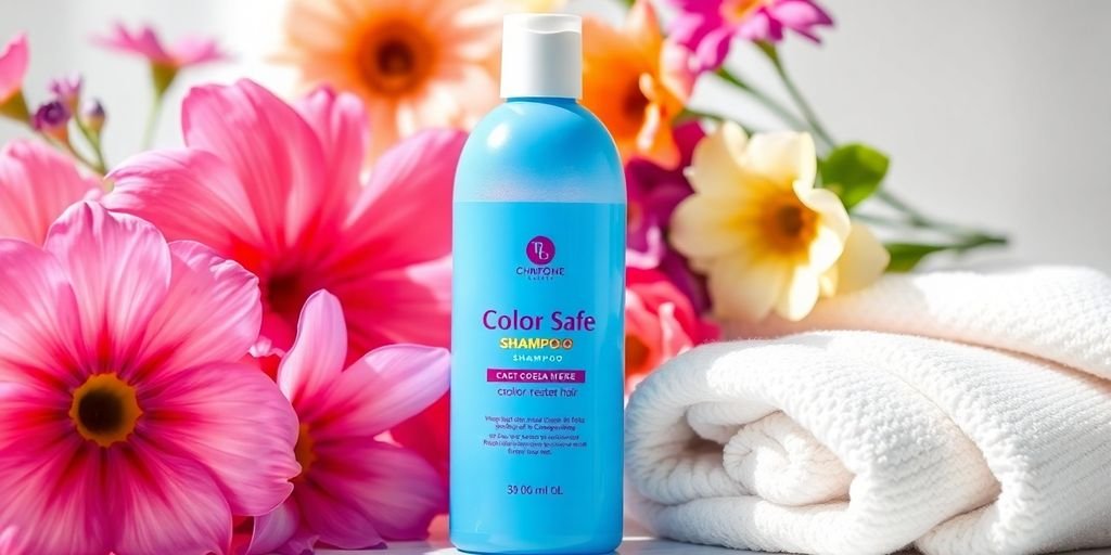 Bottles of shampoo with flowers for color treated hair.