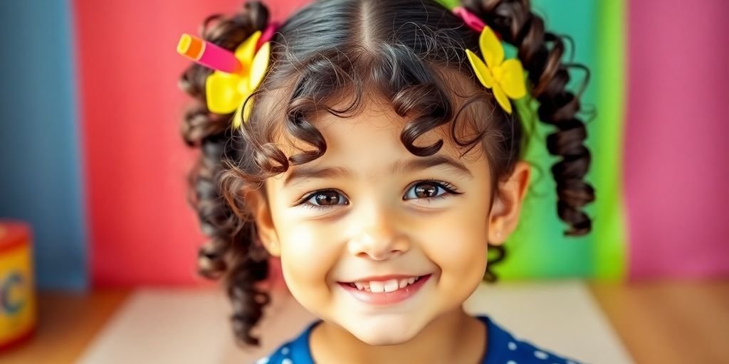 Little girl with playful curly ponytails and bright accessories.