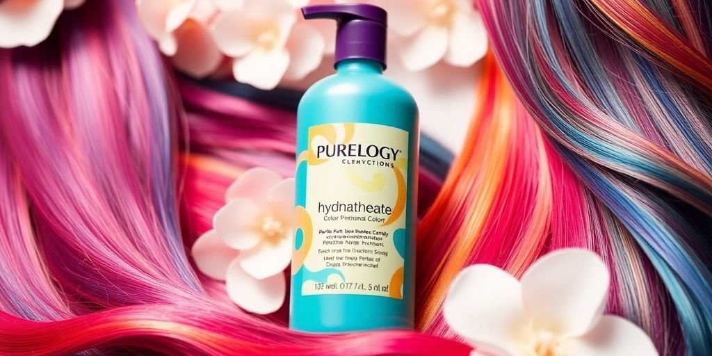 Pureology Hydrate Shampoo with colorful hair strands.