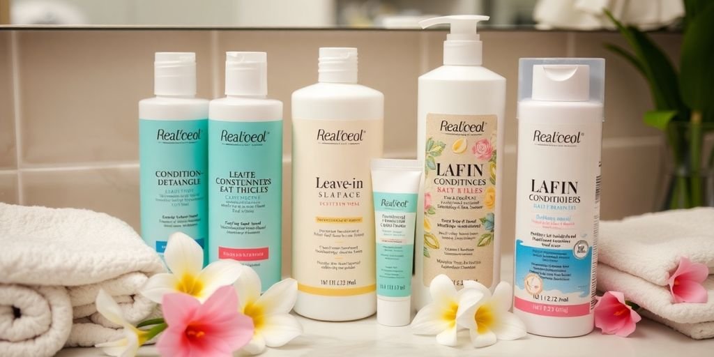 Hair care products on a bathroom counter with flowers.