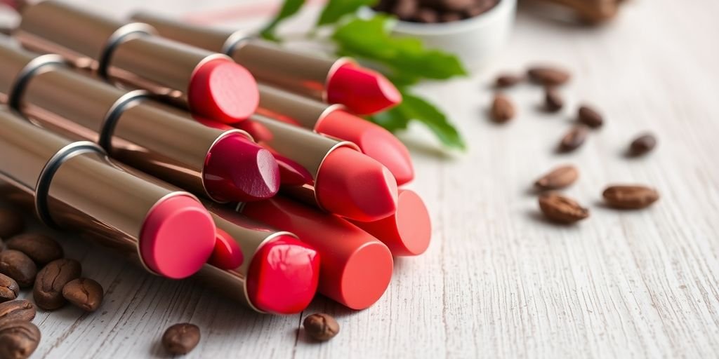 Colorful natural lipsticks with ingredients on a wooden surface.