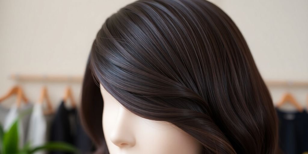Close-up of a natural hair wig on a mannequin.