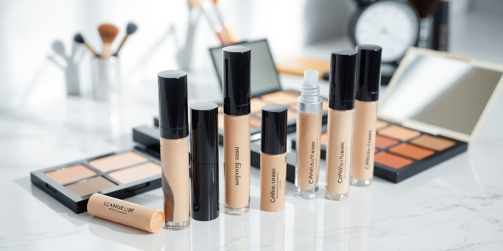 Various concealers on a marble countertop with brushes.