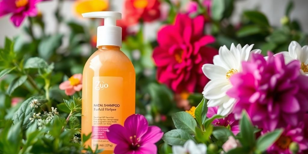 Vibrant shampoo bottle with herbs and flowers around it.