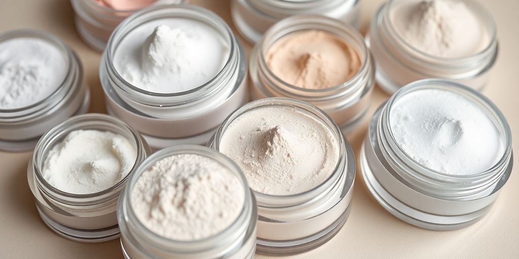 Assorted non-toxic setting powders in jars on a neutral background.