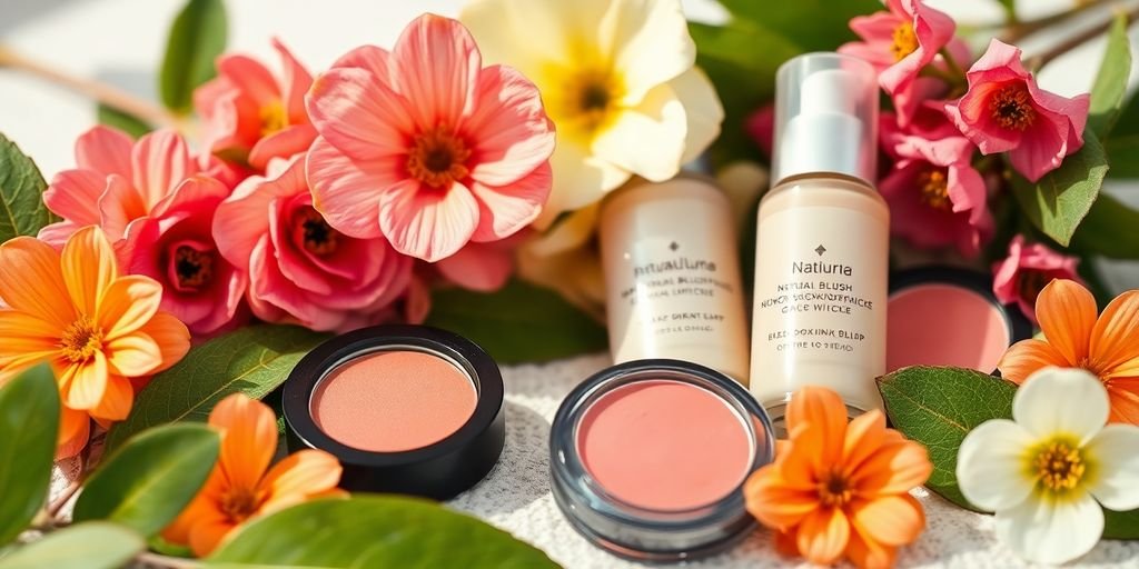 Natural blush products with flowers and leaves, vibrant colors.