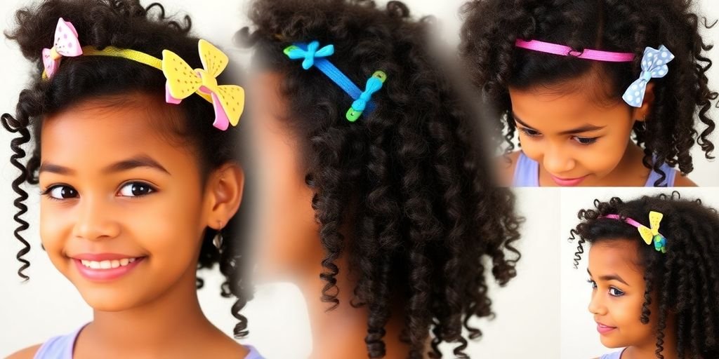 Mixed girl with curly hair adorned with colorful accessories.