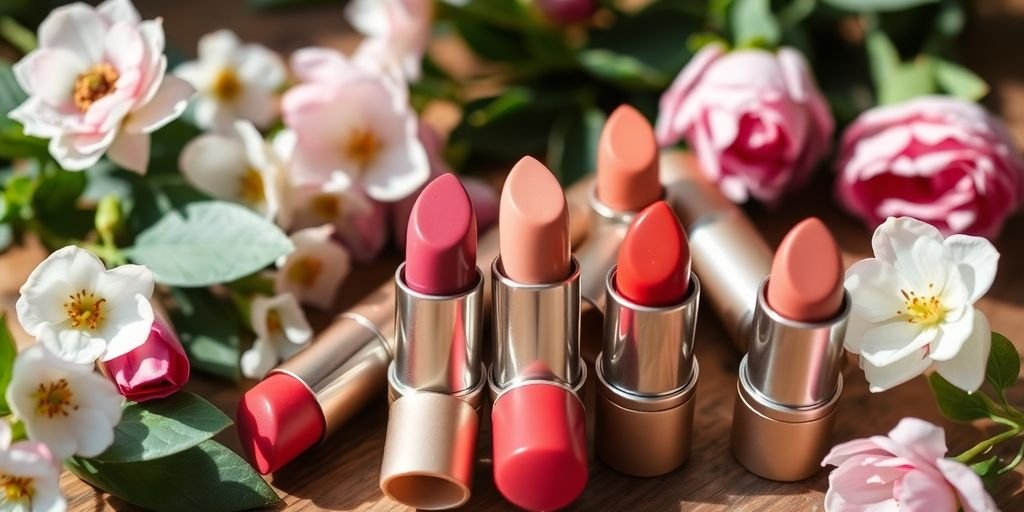 Natural lipsticks in shades of pink and red.