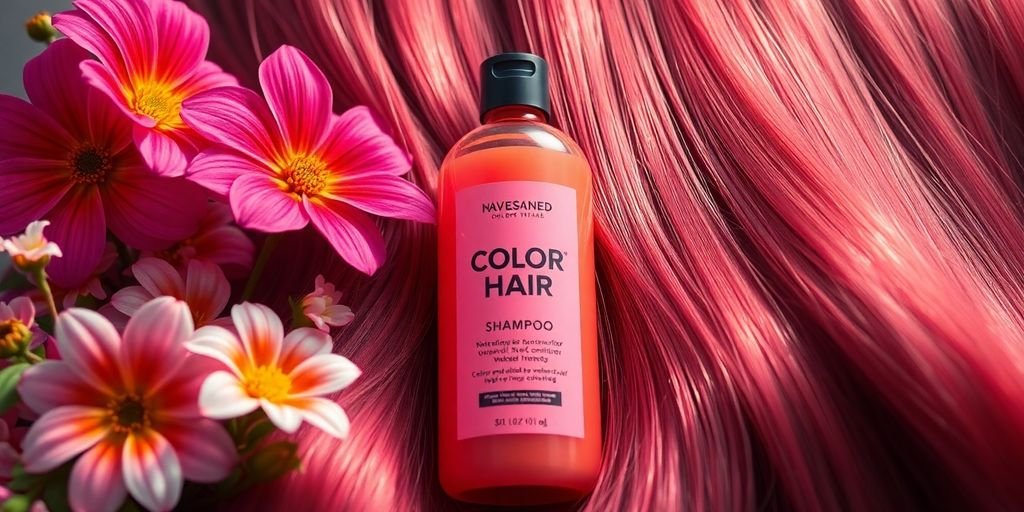 Color-treated hair shampoo with flowers and shiny hair.