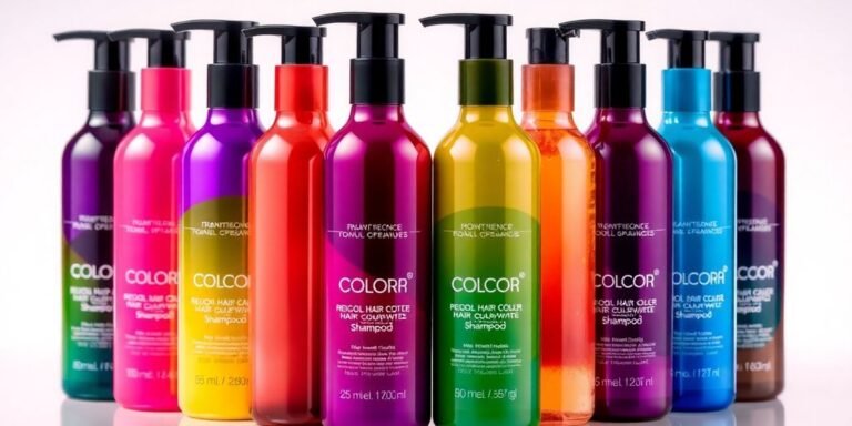Colorful hair color shampoo bottles on a blurred background.